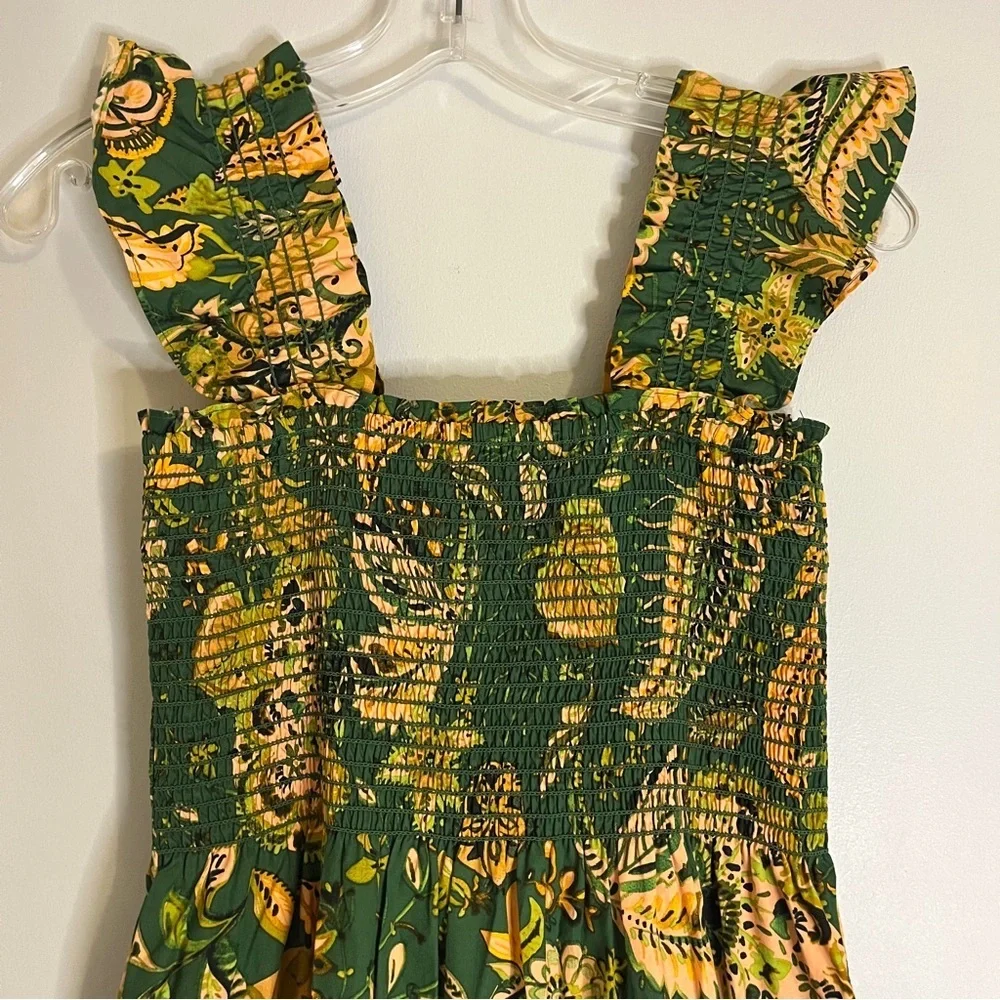 Kourt Calypso Paisley Green and Yellow Flutter Sleeve Smocked Midi Dress